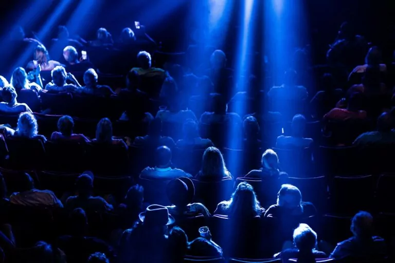 Audience photographed in a darkened theater for a Stealing Peaches show.