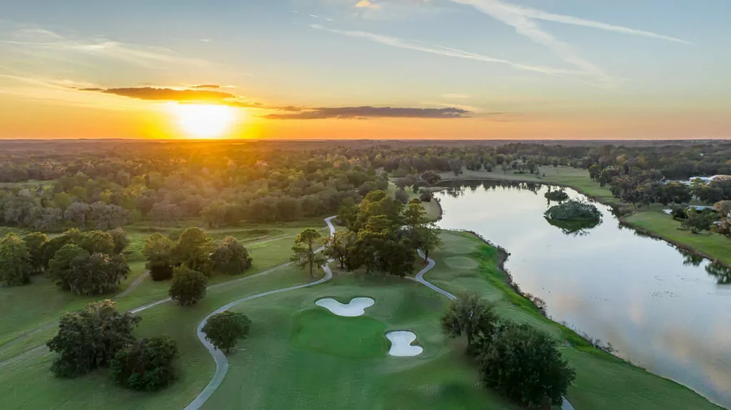 Aerial shot of Golden Ocala Golf and Equestrian Club at sunset, located in Ocala, Florida