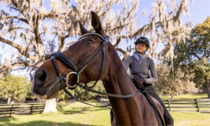 Horse and owner posing for Pegasus Realty photoshoot in Ocala, Florida