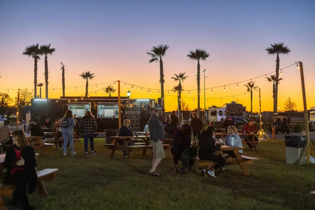Food truck event at the World Equestrian Center photographed at sunset